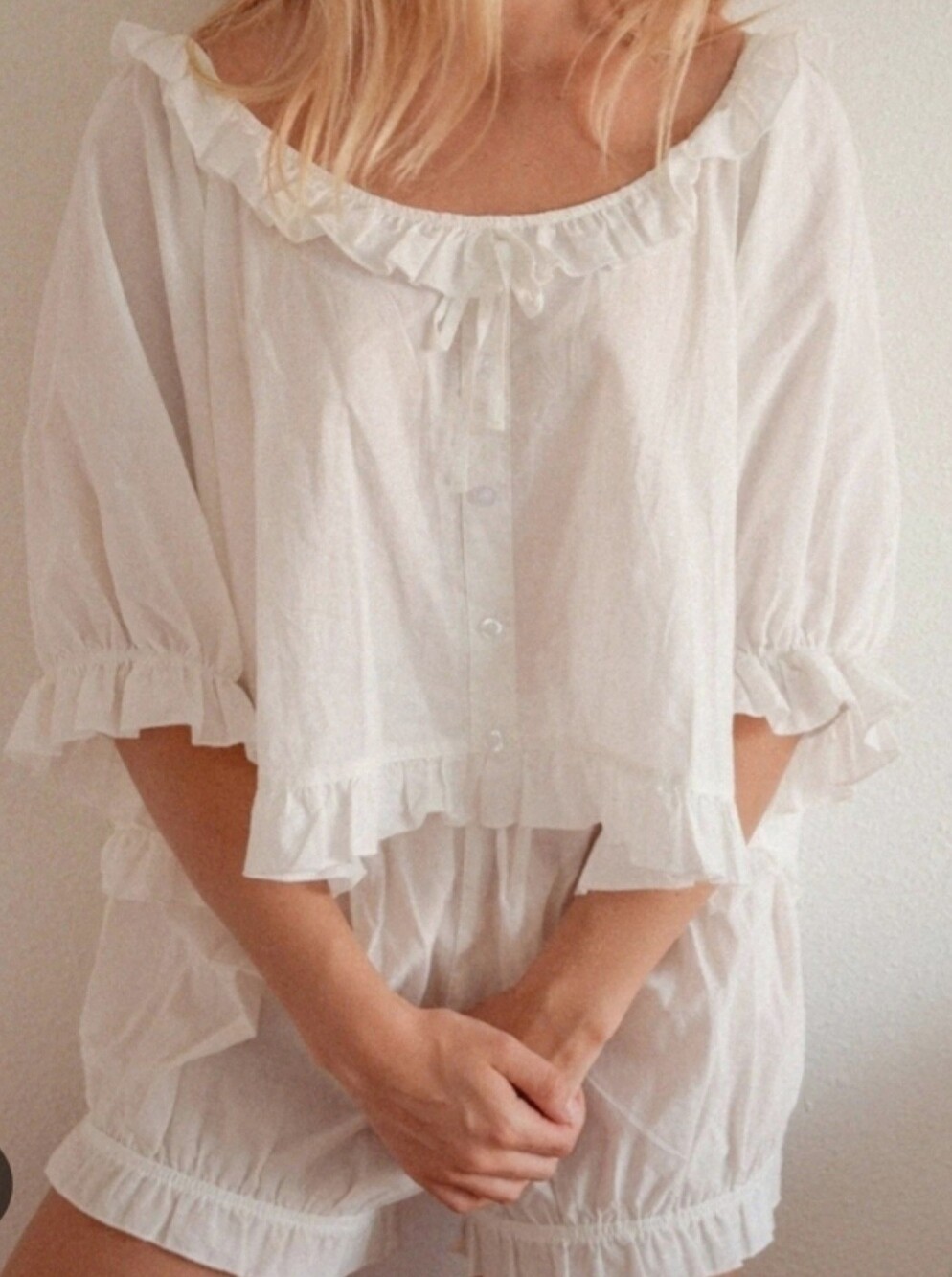 Sonderhaus Romeo Soft Winter White Ruffled Boho Minimalist Bloomer Sleep Shorts